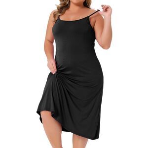 Plus Size Spaghetti Strap Full Slip Cami Midi Under Dress Black